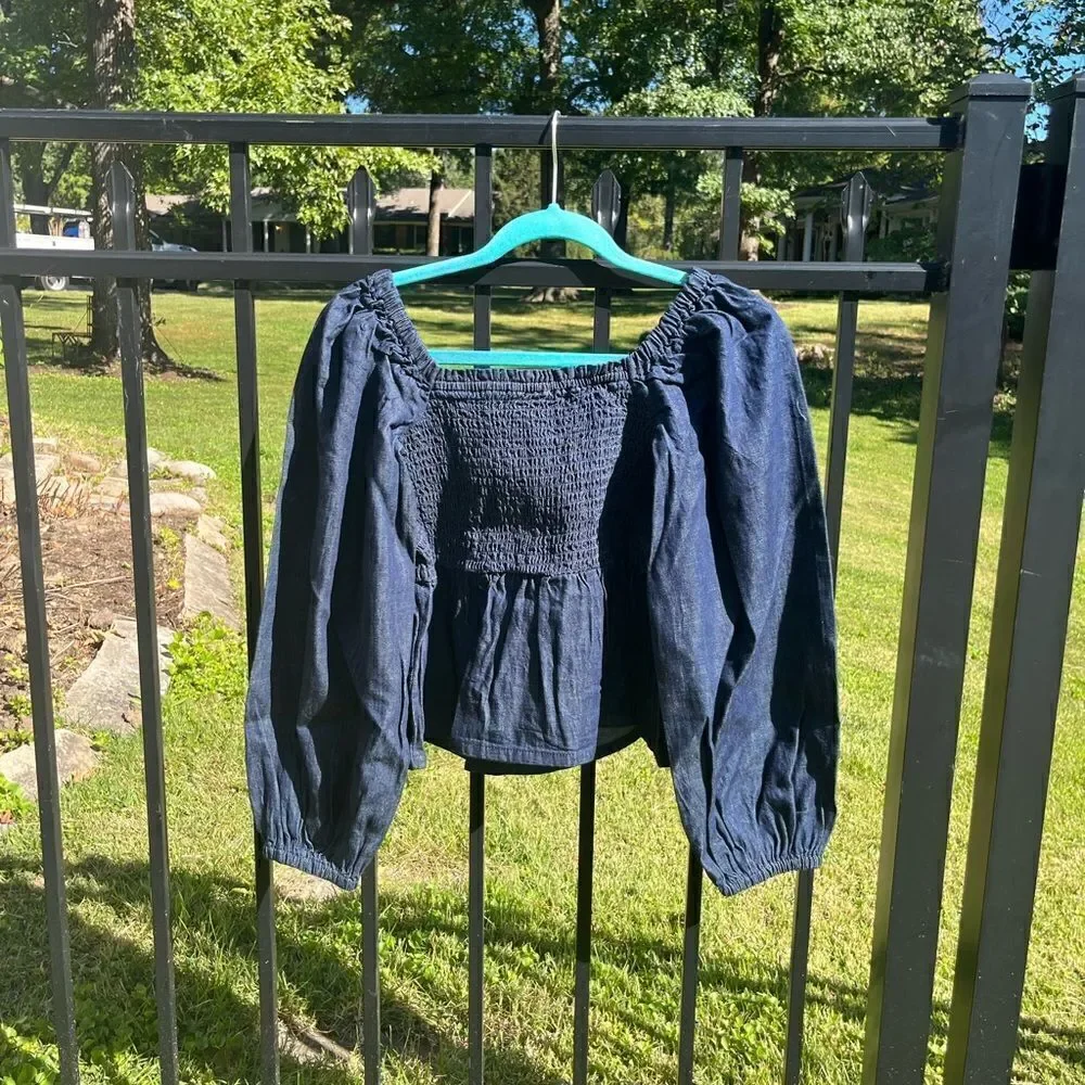 J Crew Puff Sleeve Chambray Smocked Top NWT